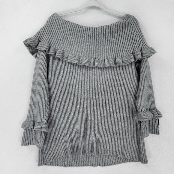 Lane Bryant Sweater Womens 18 Gray Wide Neck Off Shoulder Ruffle Beaded Ribbed - Picture 11 of 12
